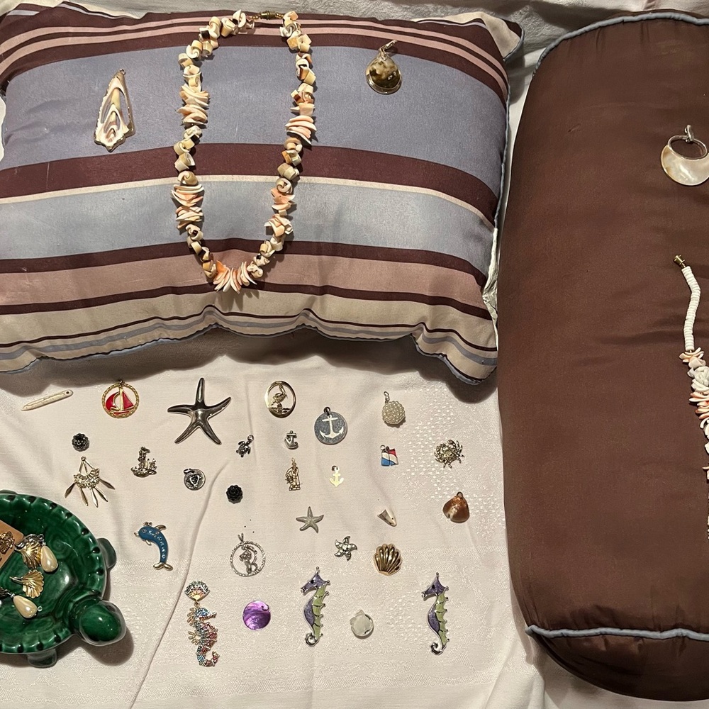Huge nautical jewelry lot- vintage shell necklace, charms, bracelet, earrings